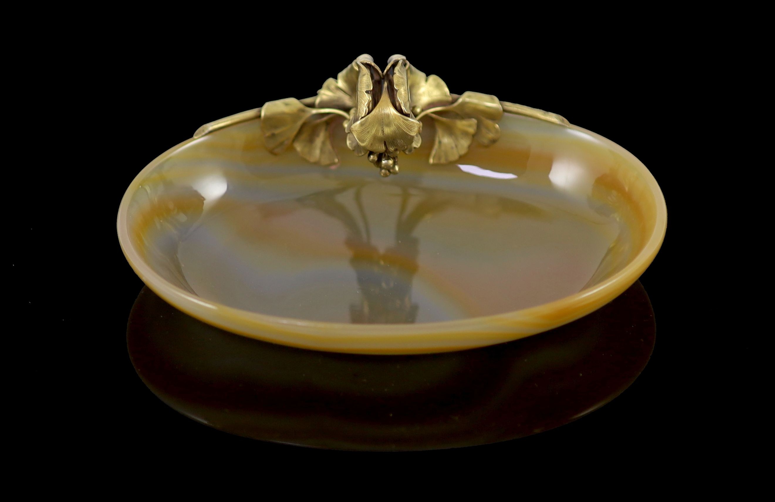 An early 20th century Boucheron silver gilt mounted banded agate oval bowl